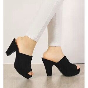 Allegra K Sandals‎ Womens Size 9 Black Suede Block Heel Platform Open Toe